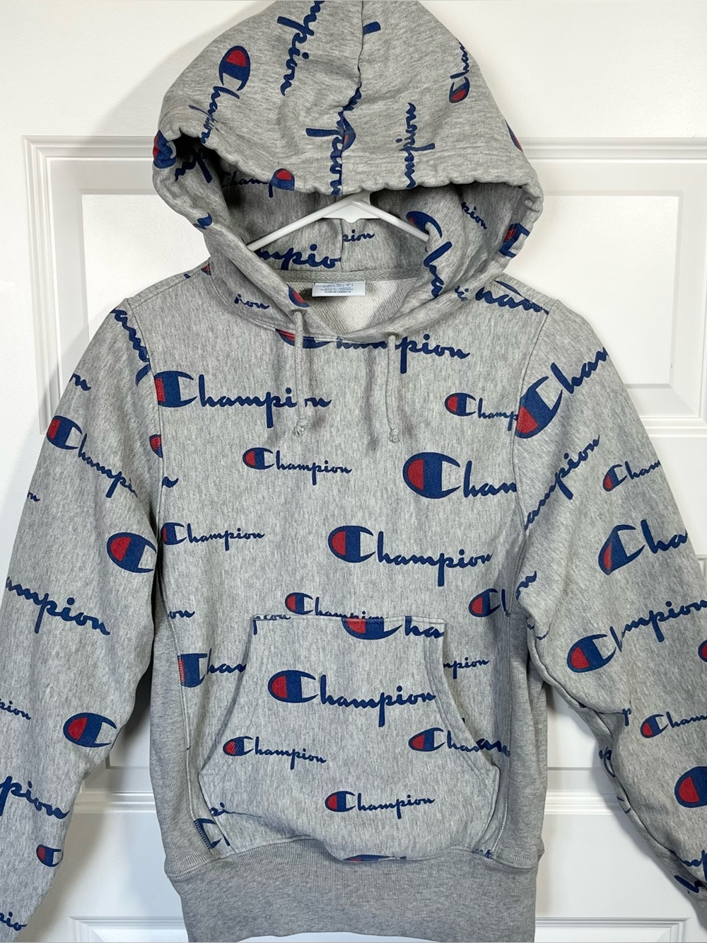 Champion Reverse Weave Gray All Over Logo Print Hoodie XS